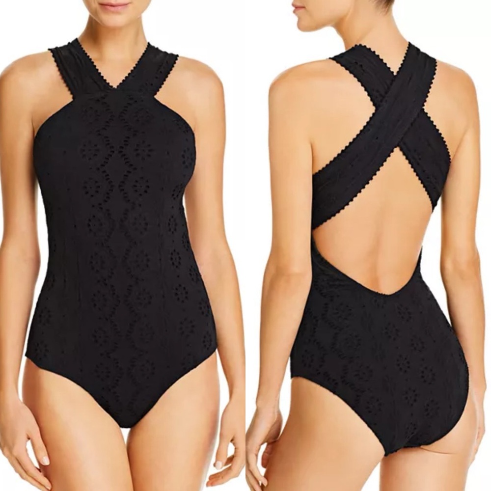 Shoshanna Black Embossed Stretch Eyelet‎ High Neck One Piece Swimsuit Zero 0 XS